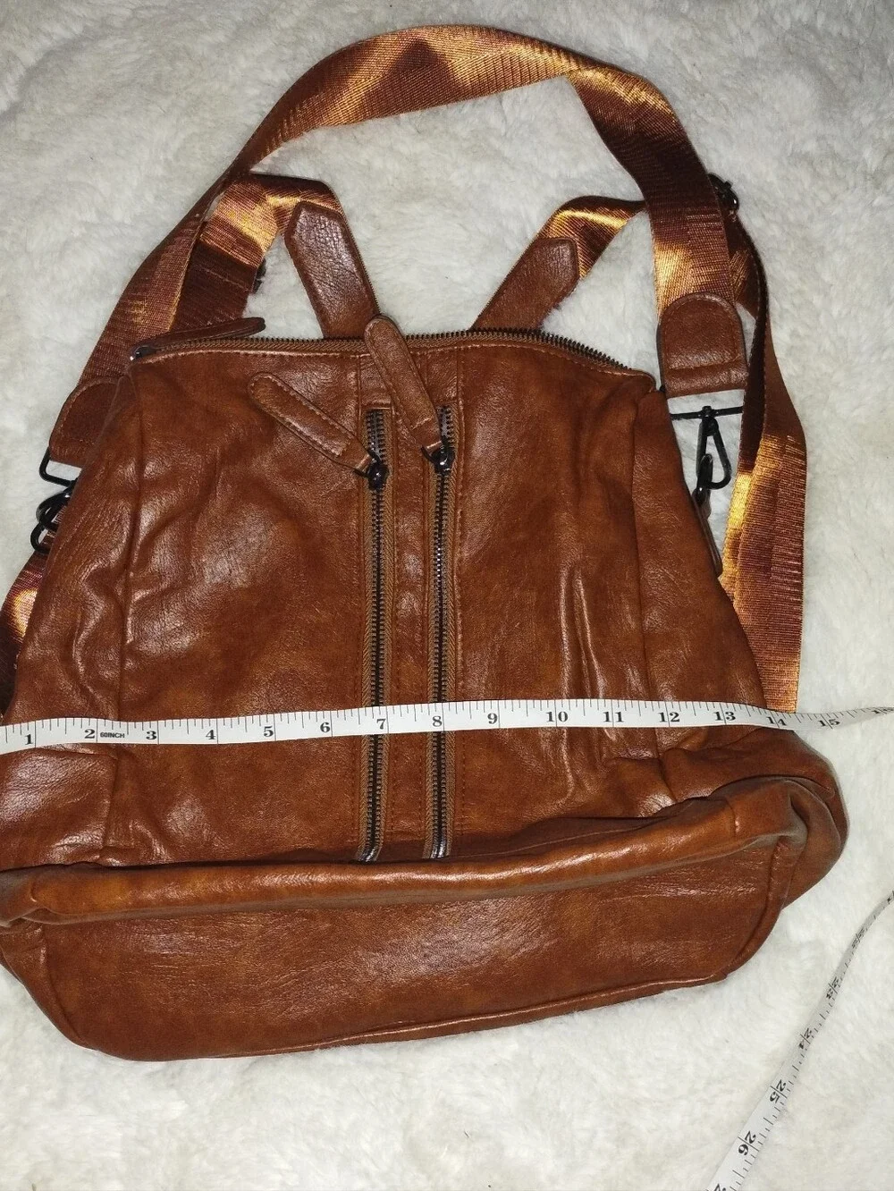 Women's Tan Faux-Leather Backpack with Front Zip Pockets